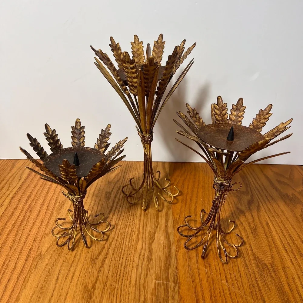 Vintage Wheat Sheaf Candle Holders Set of 3 Gold Metal Tole Hollywood Regency